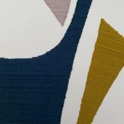 Unique wool on canvas artwork with Berber-inspired abstract design. Framed in light wood, 65 x 50 cm. Handcrafted, original, and ready to hang.