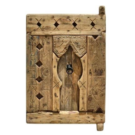 Handcrafted Amazigh cedar wood panel with authentic Berber carvings and rustic vintage finish