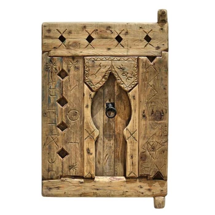 Handcrafted Amazigh cedar wood panel with authentic Berber carvings and rustic vintage finish