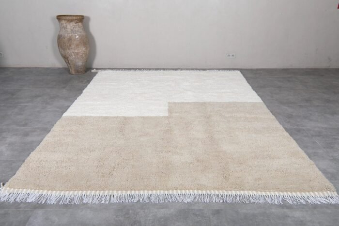 Moroccan ivory and taupe rug, showing dense weave and premium quality.