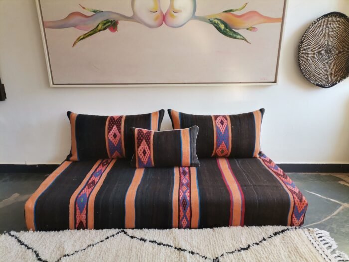 Handmade Moroccan wool floor sofa set in black and orange with blue embroidered stripes, unstuffed and zippered cushion covers