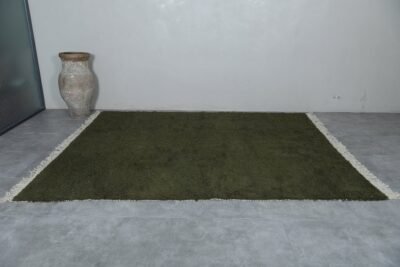 handmade Dark Green Moroccan Rug in its full 10.3 x 11.5 ft dimension, revealing even weave, solid tone, and soft pile perfect for boho or rustic interiors.