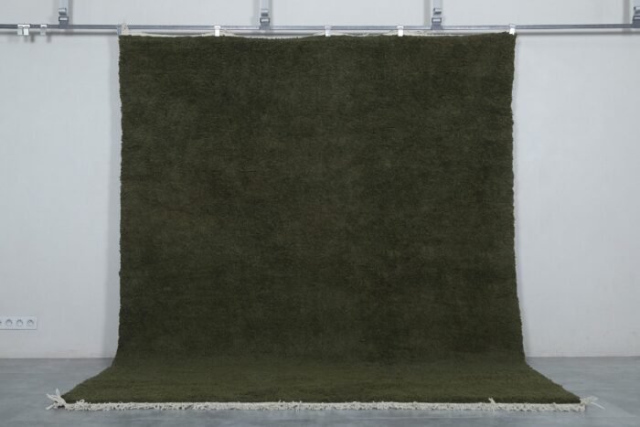 Moroccan Dark Green Wool Rug showing detailed hand-knotted texture, thick natural wool pile, and authentic Berber craftsmanship from the Atlas Mountains.