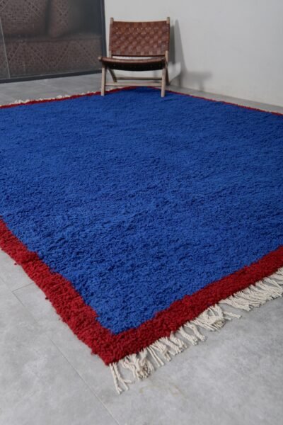 Custom Solid Blue Moroccan Rug - Red Border - Image 3