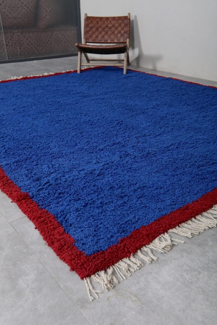Custom Solid Blue Moroccan Rug - Red Border - Image 3