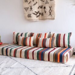 ivory lamb wool Moroccan floor cushion with colorful stripes