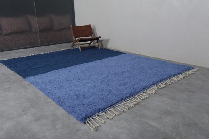 custom handmade Moroccan wool rug with bold cobalt blue and soft light blue patterning.