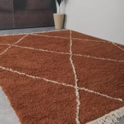 Moroccan rug in terracotta and ivory, illustrating its thickness, quality wool material, and handcrafted precision.