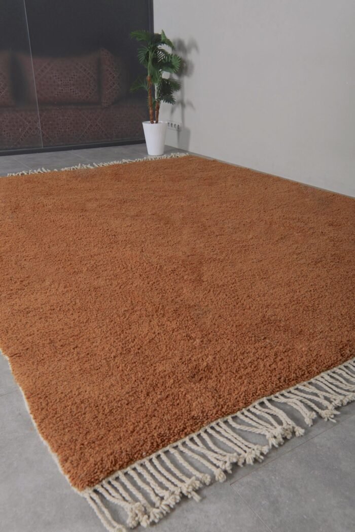 fringed edges on a handmade Moroccan rust wool rug, emphasizing fine hand-knotted details