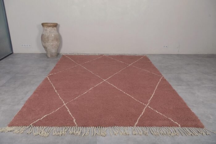 chestnut and ivory Moroccan rug in custom size, emphasizing the intricate trellis design and luxurious wool surface.