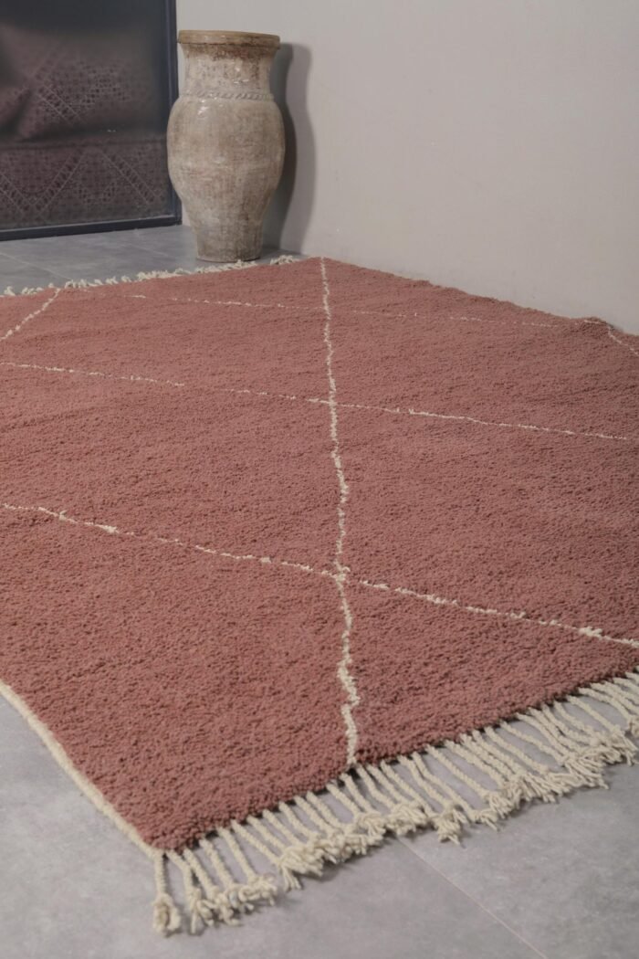 chestnut Moroccan rug with ivory pattern, showing its thickness, quality weave, and authentic handmade origin.