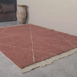 Moroccan chestnut wool rug with ivory trellis design, highlighting the dense texture, hand-knotting details, and authentic Berber craftsmanship.