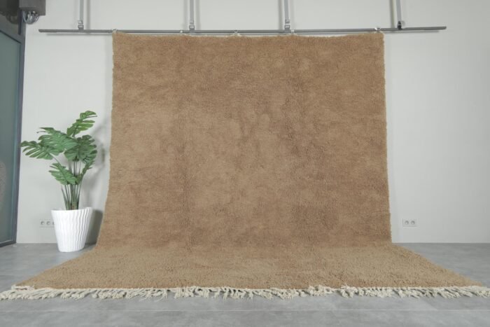 Authentic Warm Caramel Brown Moroccan Beni Ourain Rug, Hand-Knotted 100% Natural Wool, 10.3 x 11.5 ft
