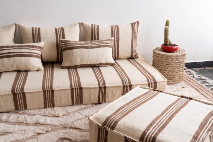 cream and brown wool cushion fabric showing traditional Berber stripe pattern