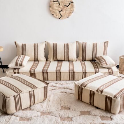Handmade Moroccan wool floor sofa set in cream with brown Berber stripes, unstuffed cushions with zippered covers
