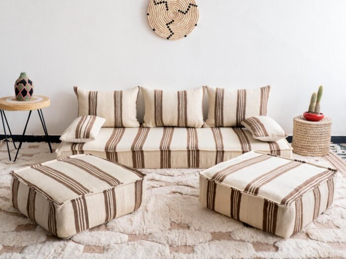 Handmade Moroccan wool floor sofa set in cream with brown Berber stripes, unstuffed cushions with zippered covers