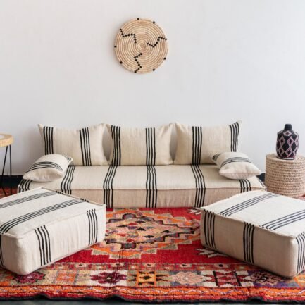 Handmade Moroccan couch covers in cream wool with black Berber lines, includes unstuffed cushion and pillow covers with hidden zippers