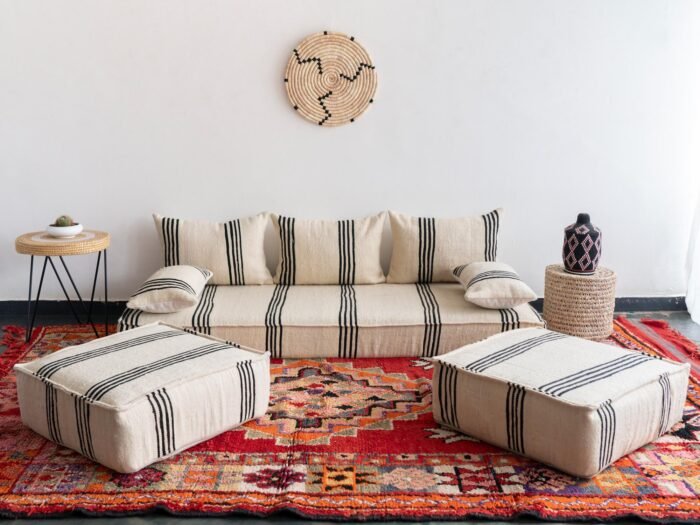 Handmade Moroccan couch covers in cream wool with black Berber lines, includes unstuffed cushion and pillow covers with hidden zippers