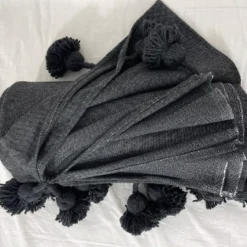 Moroccan Dark Grey Pompom Blanket - Image 5