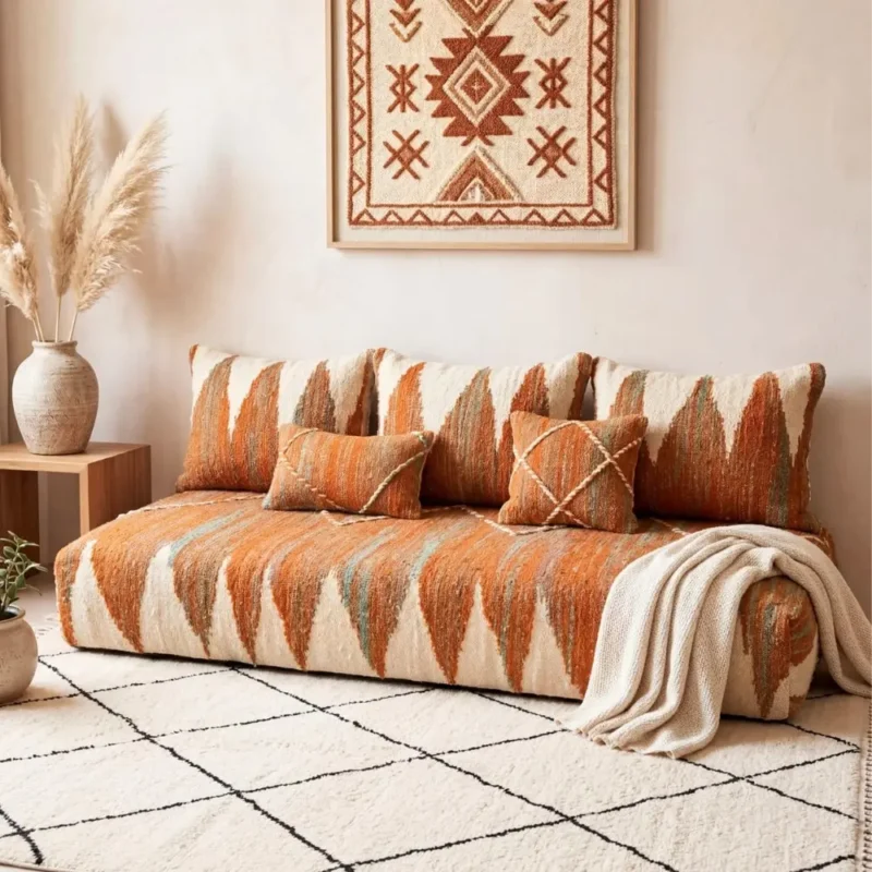 Orange Moroccan floor sofa for boho and modern interiors