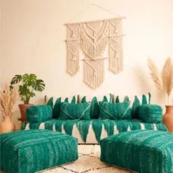 Green Moroccan modular floor sofa with handwoven back pillow and armrest covers