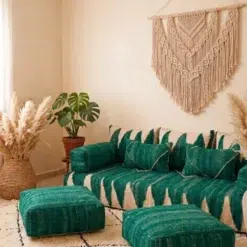 Green Moroccan modular floor sofa used for relaxing, reading, working and family gatherings