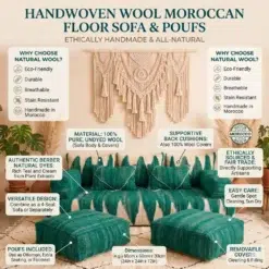 Authentic green Moroccan floor sofa covers handwoven in Morocco with matching pillows and poufs