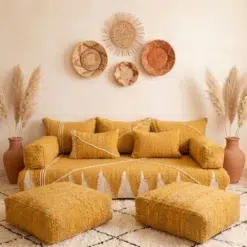 Mustard Moroccan floor sofa covers with matching back pillows, armrests and two square floor poufs