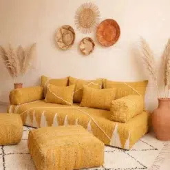 Mustard Moroccan modular floor couch with back pillow covers, armrests and matching square poufs