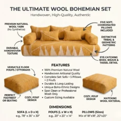 Mustard Moroccan floor sofa product features with matching pillows and square floor poufs