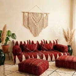 Authentic red Moroccan floor sofa covers handwoven in Morocco with matching pillows and poufs