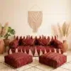 Red Moroccan modular floor sofa covers with ivory patterns and two matching square poufs