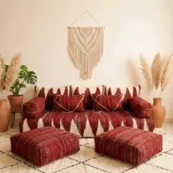 Red Moroccan modular floor sofa covers with ivory patterns and two matching square poufs