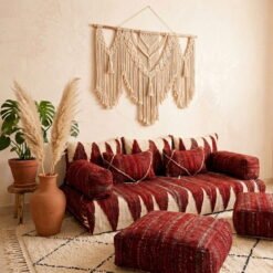 Handwoven red Moroccan floor sofa covers with matching pillows, armrests and square poufs