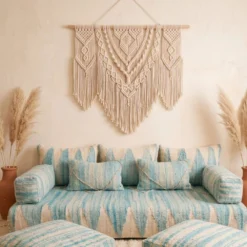 Light Blue & Ivory Moroccan Floor Sofa – Handwoven Wool - Image 6