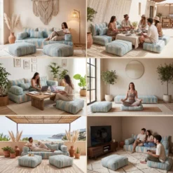 Light blue and ivory Moroccan floor sofa used indoors and outdoors for reading, dining, yoga, meditation, work, and family tim
