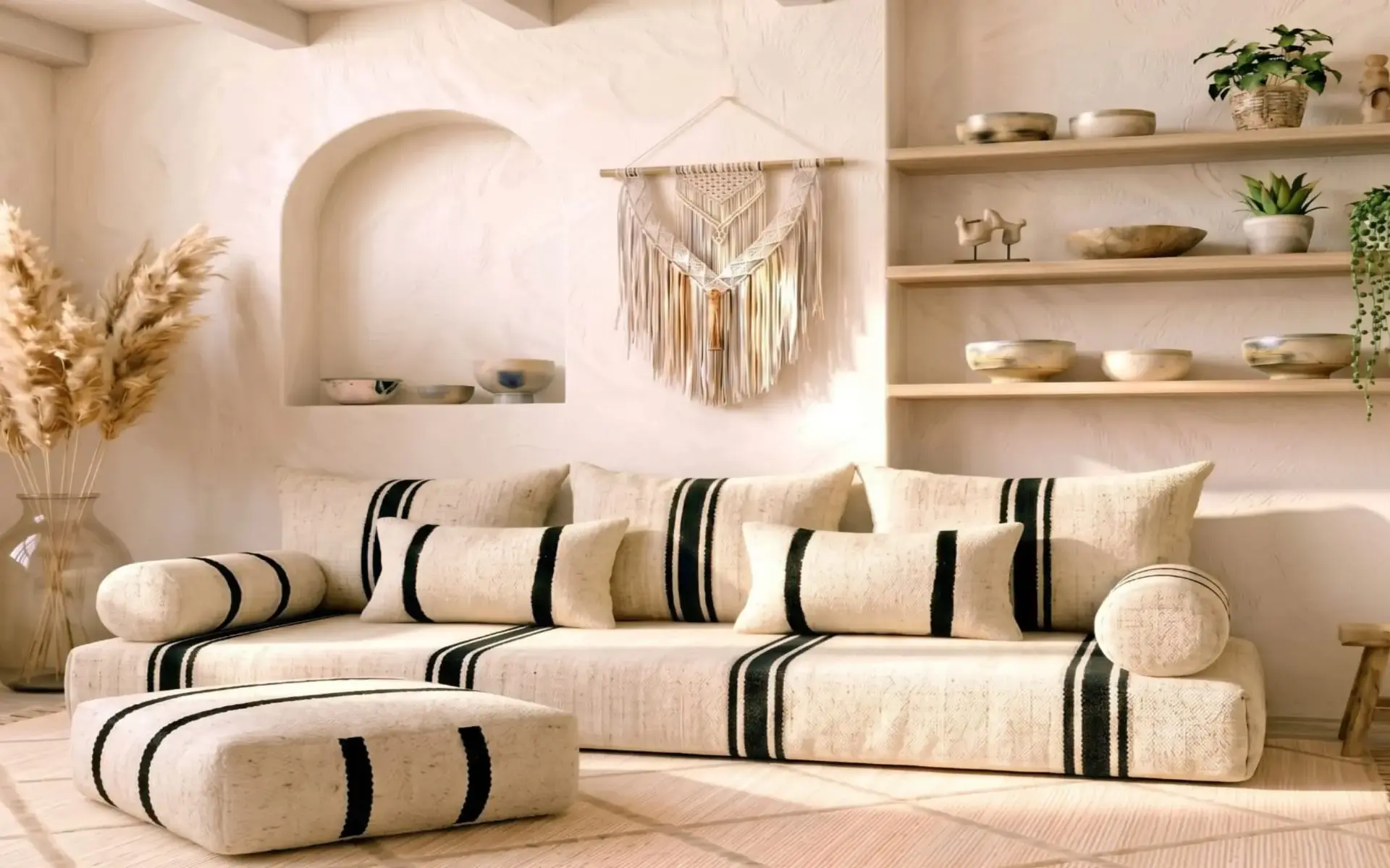 Handmade Moroccan floor sofa with cushions and pouf