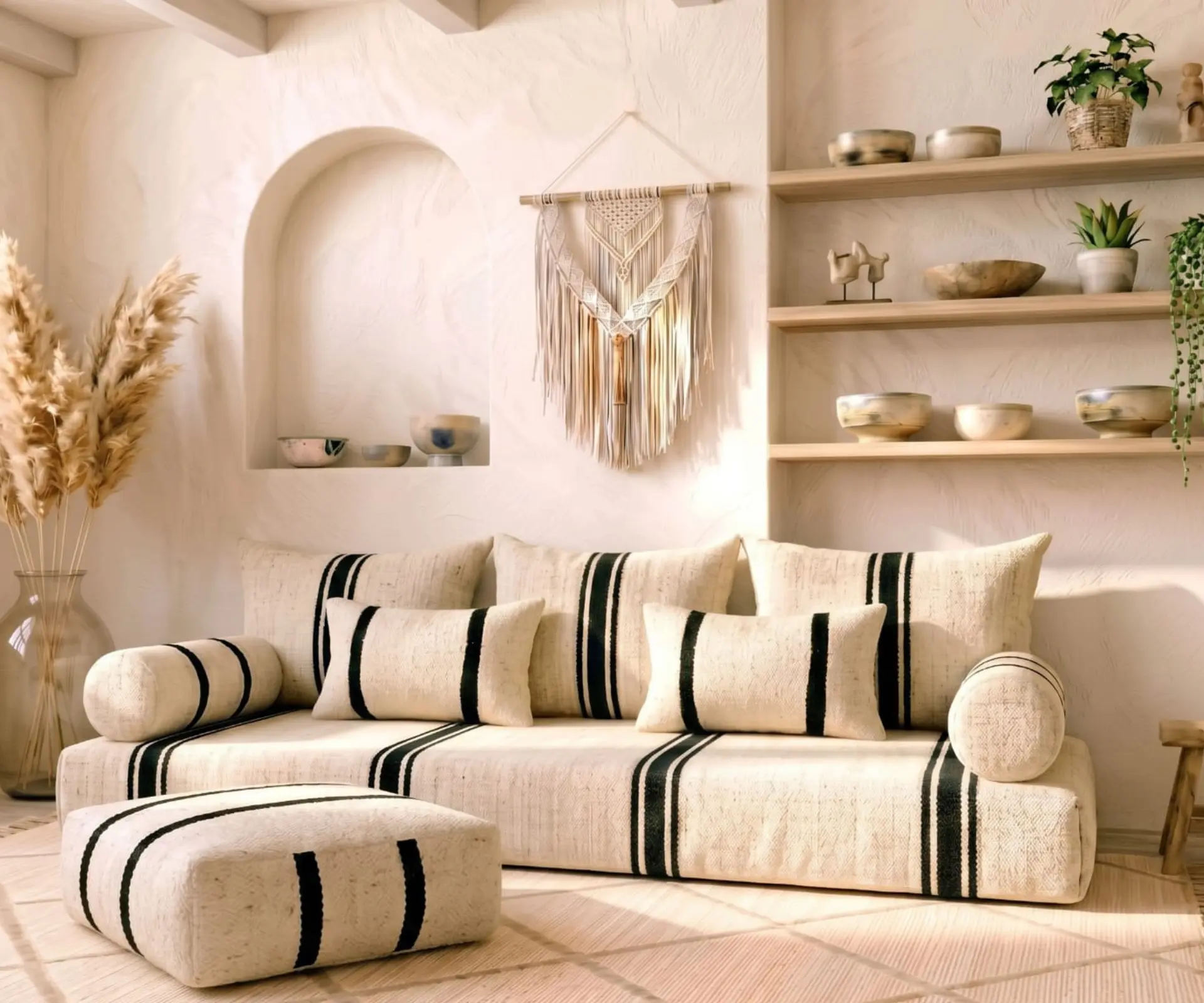 Handmade Moroccan floor sofa with cushions and pouf