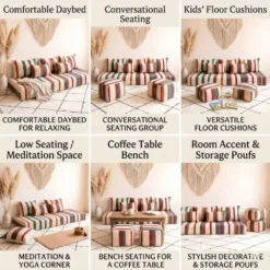 Multicolor striped Moroccan floor sofa used as daybed, seating group, kids cushions, meditation space, bench, and storage poufs