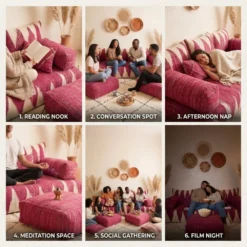 Pink and ivory Moroccan floor sofa used for reading, socializing, napping, meditation, gatherings, and movie nights
