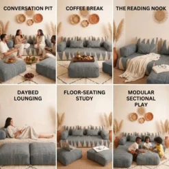 Gray and ivory Moroccan floor sofa used for conversation, coffee breaks, reading, lounging, study, and kids play