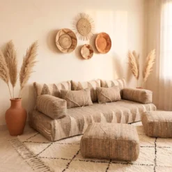 Natural Beige & Ivory Moroccan Floor Sofa – Handwoven Wool - Image 9