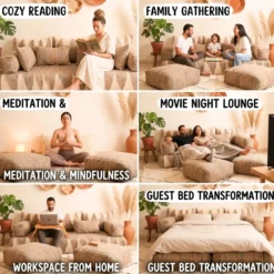 Natural beige Moroccan floor sofa used for reading, family time, meditation, movie nights, work, and as a guest bed