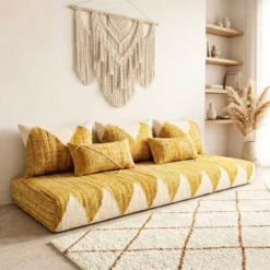 Yellow and ivory Moroccan floor sofa used for reading, meditation, yoga, family time, work, and sleep