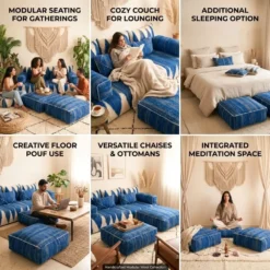 Authentic blue Moroccan floor couch with handmade pillows, armrests and square floor poufs