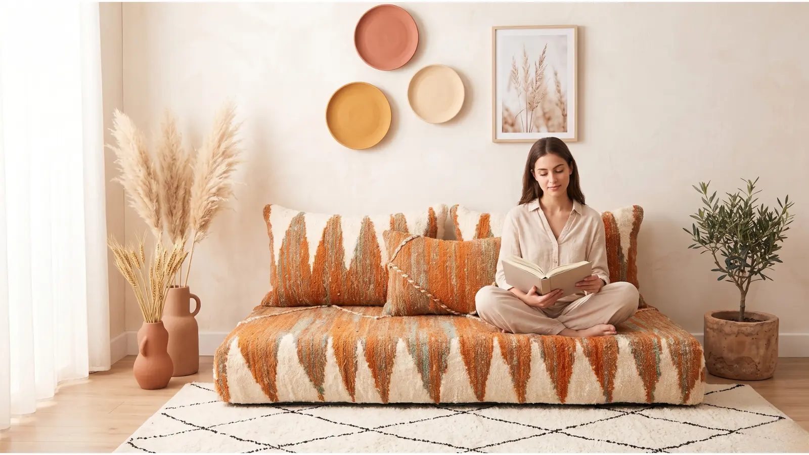 Orange handmade Moroccan floor sofa set by BERBERTHEME