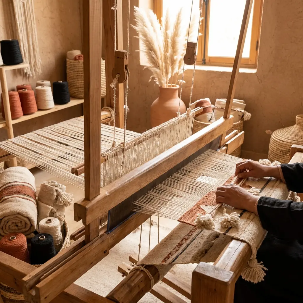 Moroccan artisan weaving textile on a traditional loom