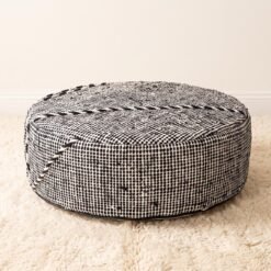 Black White Grid round cotton pouf, 50 cm diameter and 20 cm height
