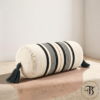Handwoven Moroccan bolster pillow cover in ivory cotton wool with black stripes and black tassels