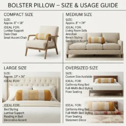 Bolster pillow size and usage guide for compact, medium, large and oversized mustard striped bolster pillow